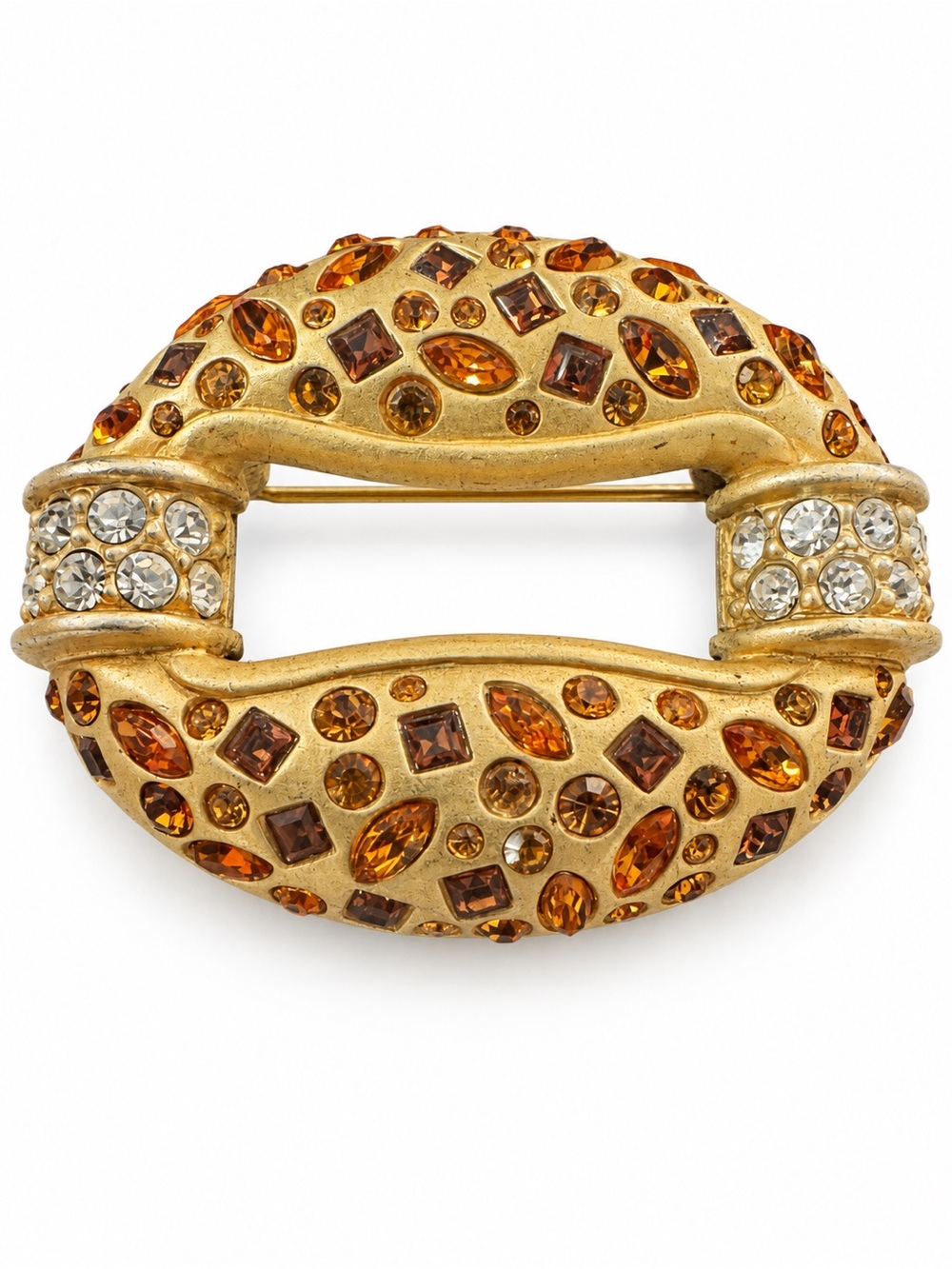 Vintage Signed Swarovski Amber Crystal Gold Tone Oval Brooch Pin